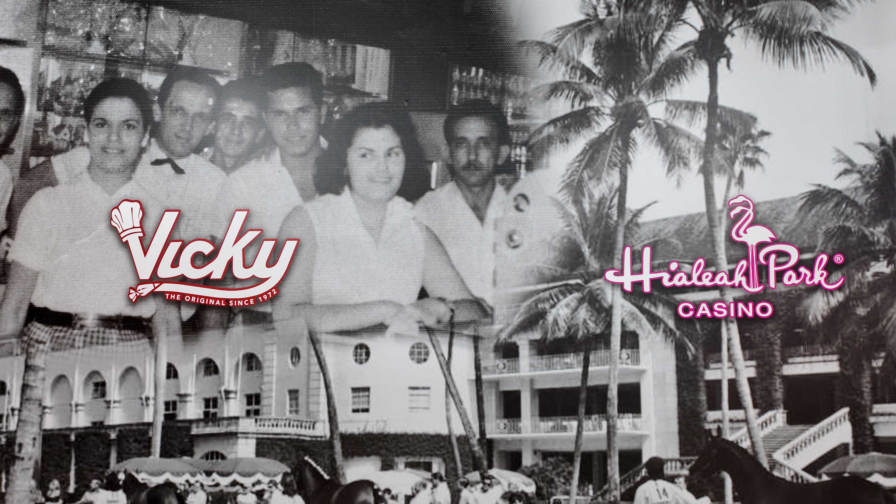 Vicky and Hialeah Park Casino Logos over black and white photos